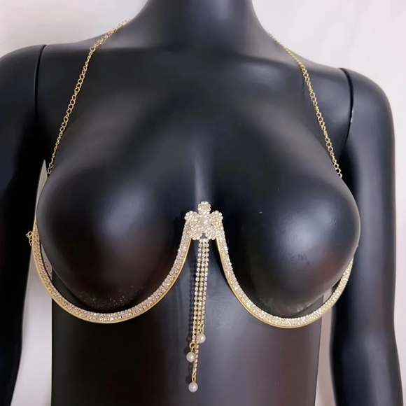 Rhinestone Chain Bra Body Jewelry Chest Chain Metal Round Charm Trendy Sexy-NEW - Picture 4 of 6